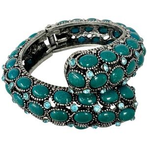 Teal Blue Bypass Chunky Rhinestone Statement Hinged Bangle Bracelet